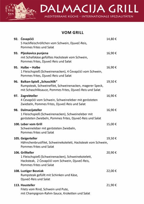 Unsere Speisekarte Dalmacija Grill In Lauterbach Hessen